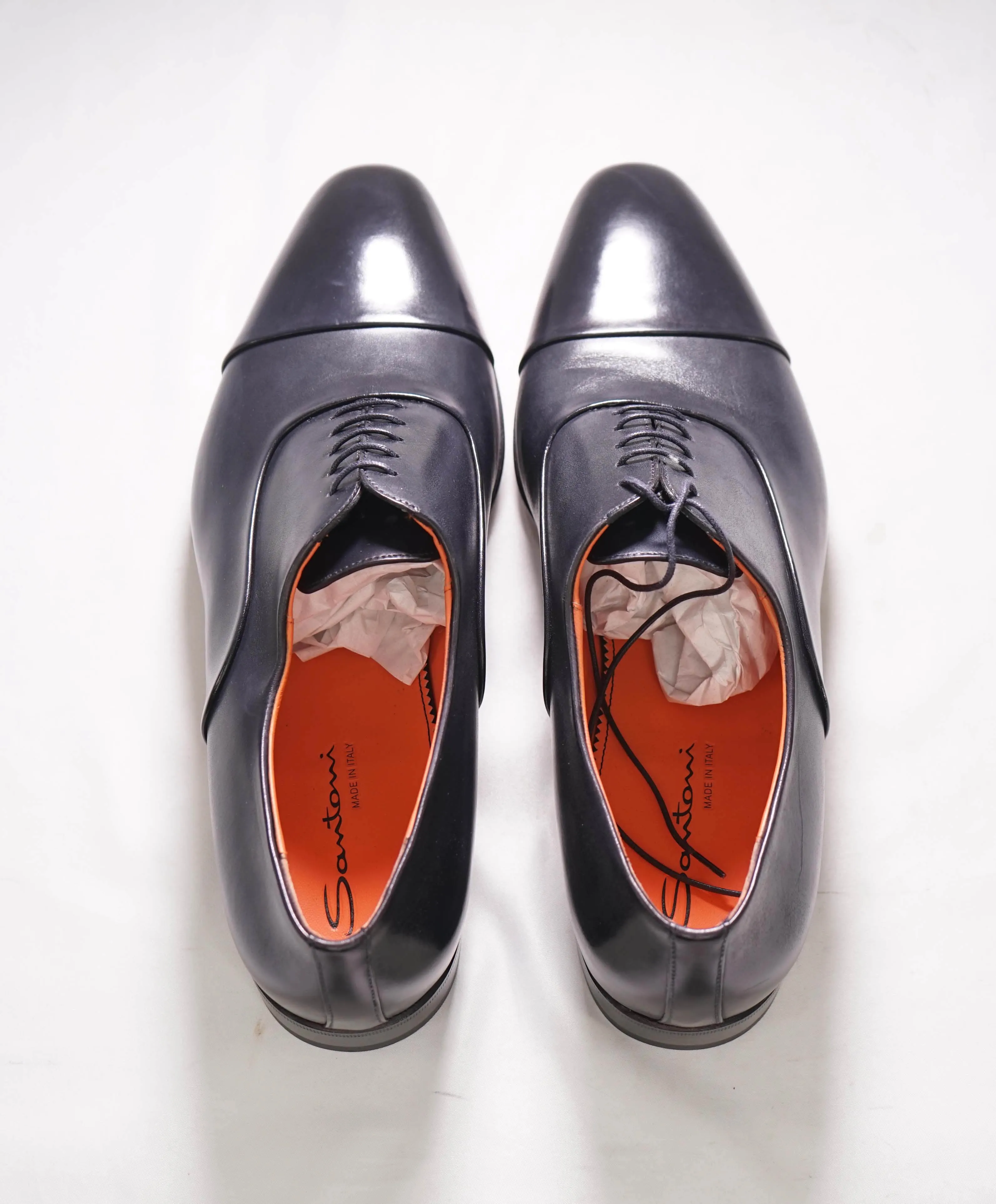 $1,080 SANTONI - Black Leather ORANGE ICONIC SOLE Classic Oxfords - 11.5 US