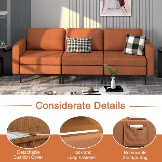 3-Seat Sectional Sofa Couch with Armrest Magazine Pocket and Metal Leg-Orange