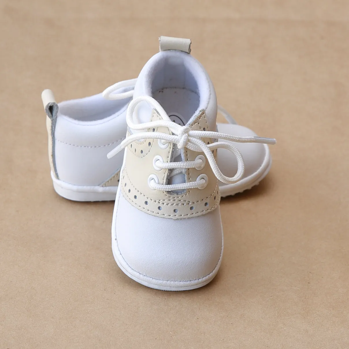 Angel Baby Boys Beige Leather Lace Up Saddle Oxford Shoe