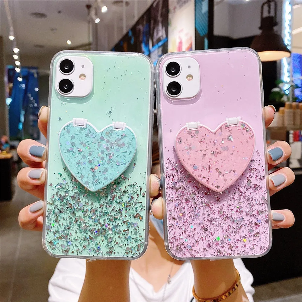 Anymob iPhone Black Sequins Glitter Case Love Heart Mirror Holder Stand Cover