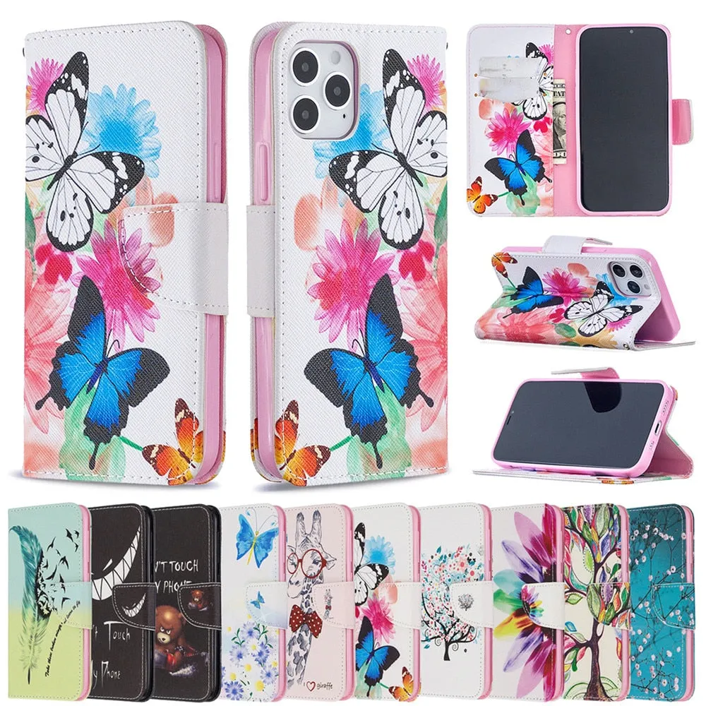 Anymob iPhone Case Blue with Cherry Blossom Flip Cover Fashion Painted Wallet Leather Bag Shell