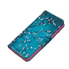 Anymob iPhone Case Blue with Cherry Blossom Flip Cover Fashion Painted Wallet Leather Bag Shell