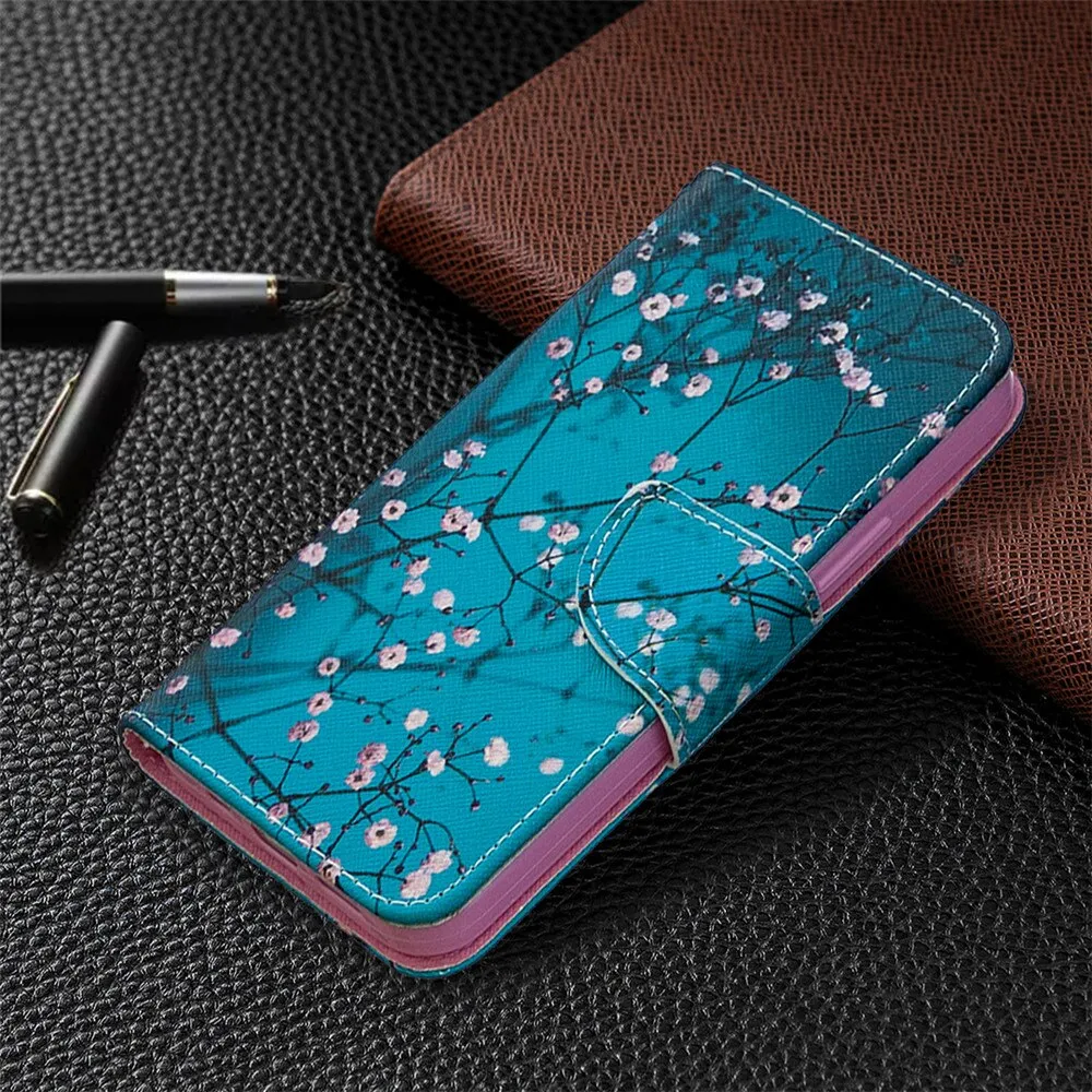 Anymob iPhone Case Blue with Cherry Blossom Flip Cover Fashion Painted Wallet Leather Bag Shell