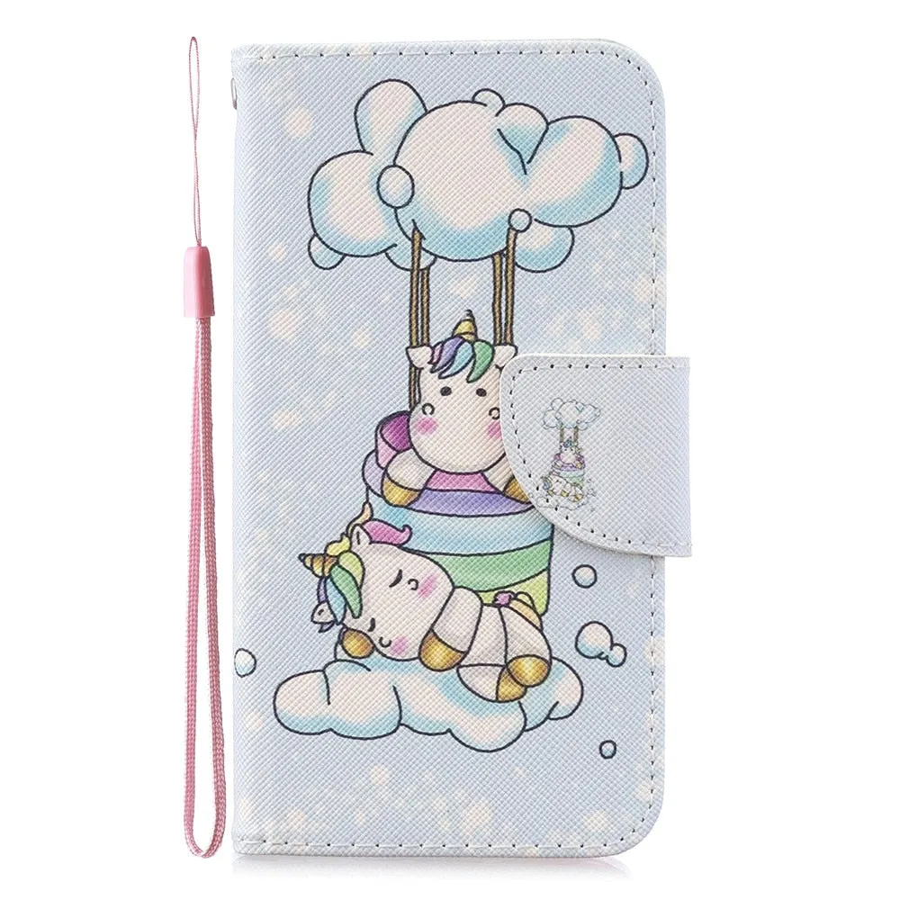 Anymob iPhone Case Pink And Brown Unicorn Painted Leather Magnetic Flip Wallet Cover Shell