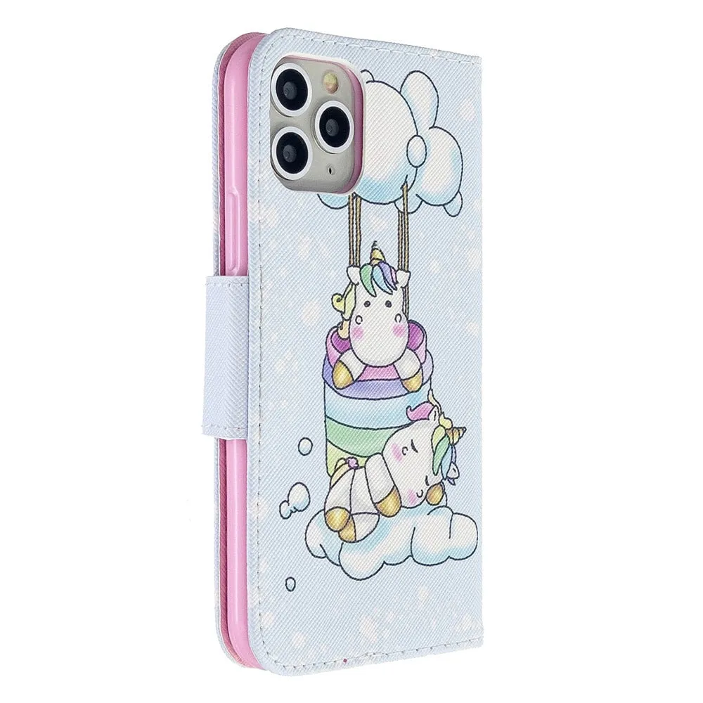 Anymob iPhone Case Pink And Brown Unicorn Painted Leather Magnetic Flip Wallet Cover Shell