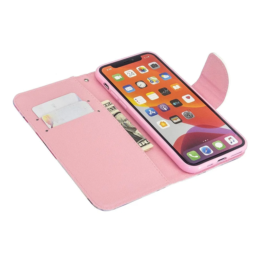 Anymob iPhone Case Pink And Brown Unicorn Painted Leather Magnetic Flip Wallet Cover Shell