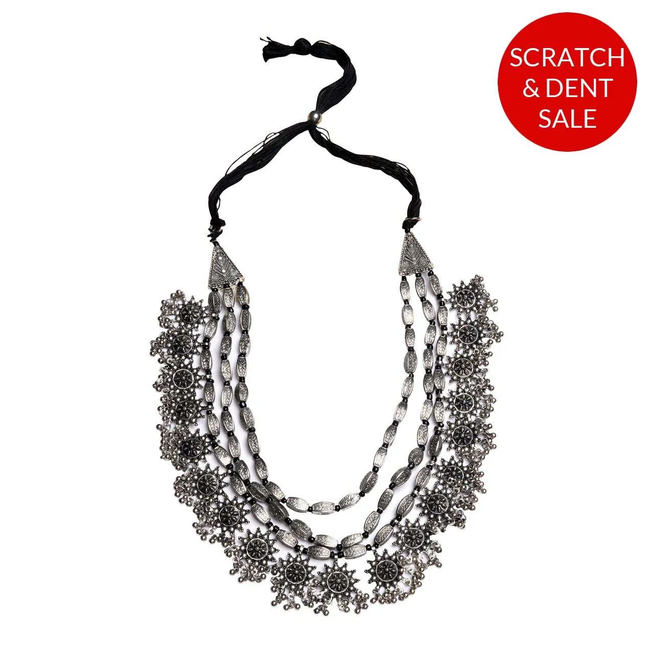 Arunima Floral Silver Oxidized Long Layered Necklace - Sample