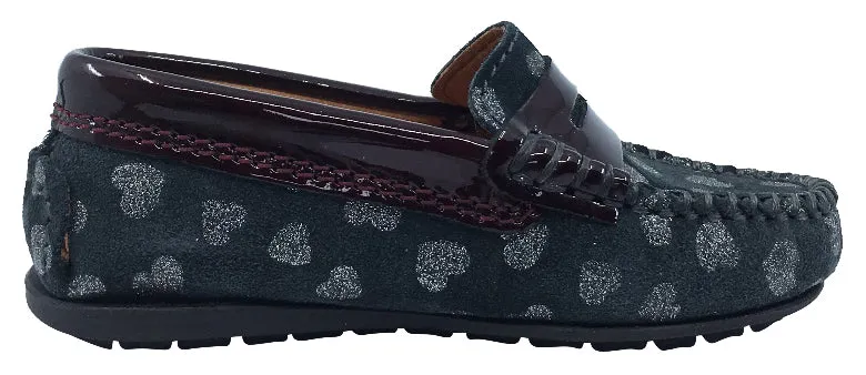 Atlanta Mocassin Girl's Suede and Patent Heart Print Penny Loafers, Grey Suede/Burgundy Patent