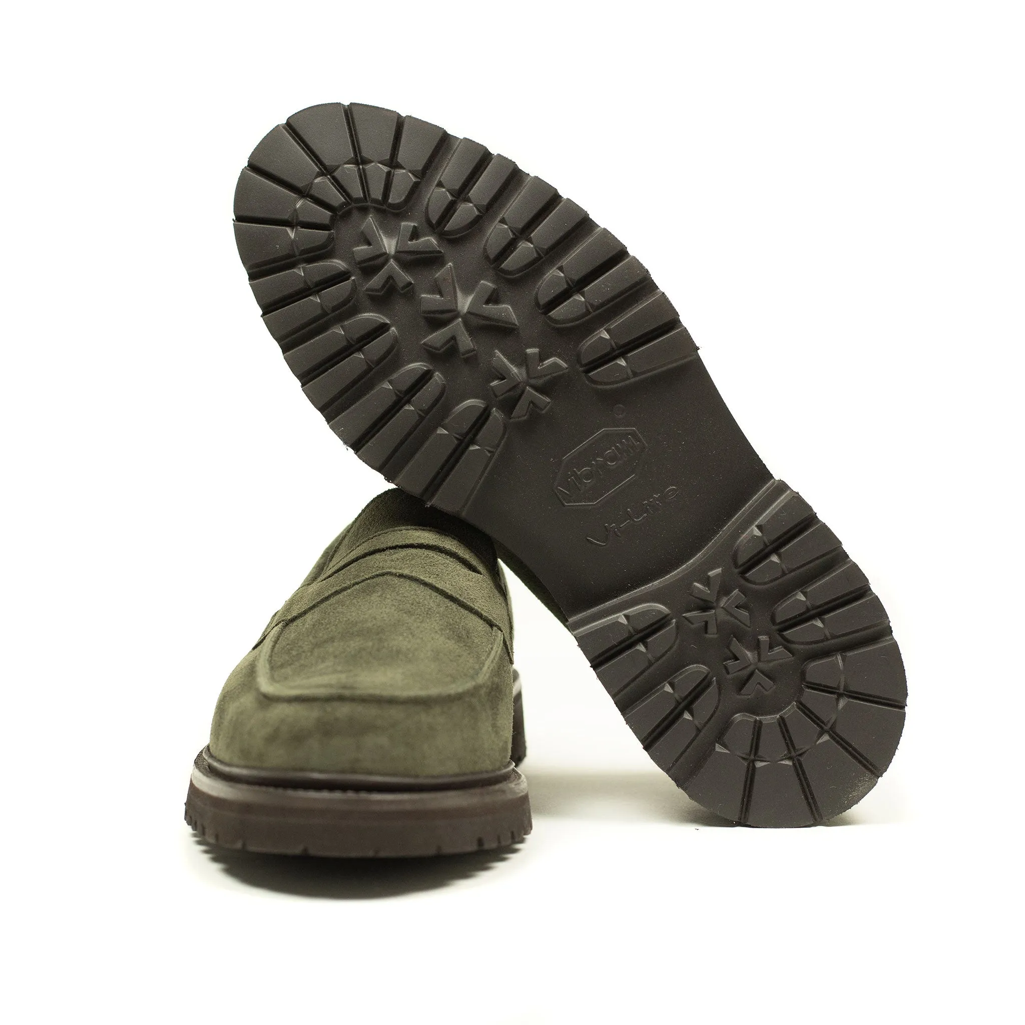 Chicago lugged penny loafer in "earth" olive Castorino suede