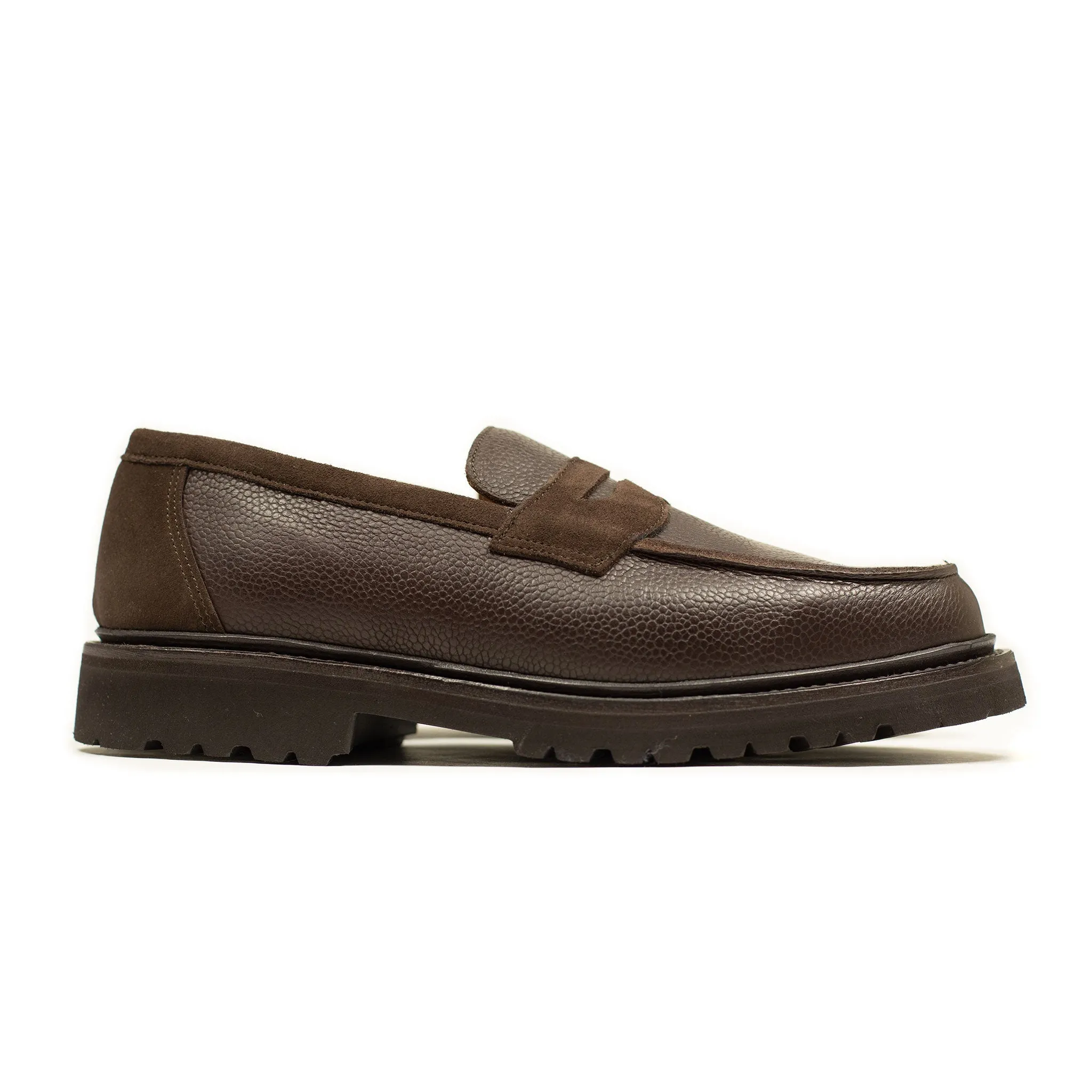 Chicago lugged penny loafer in two tone brown suede and Scotch grain calf