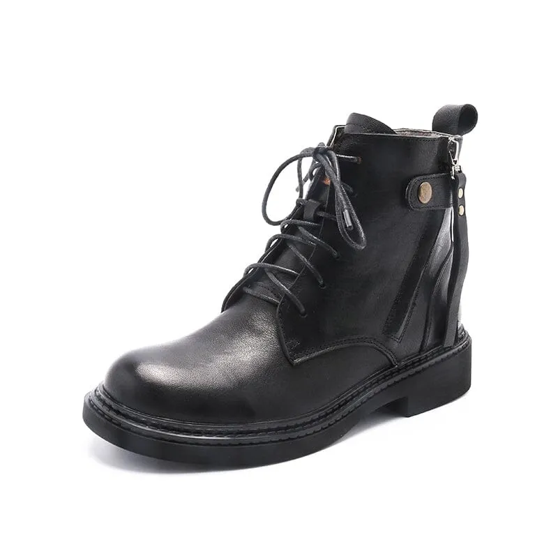 Chunky Side Zip Boots Belted Leather Martin Boots Soft Walking Short Boots Black/Coffee