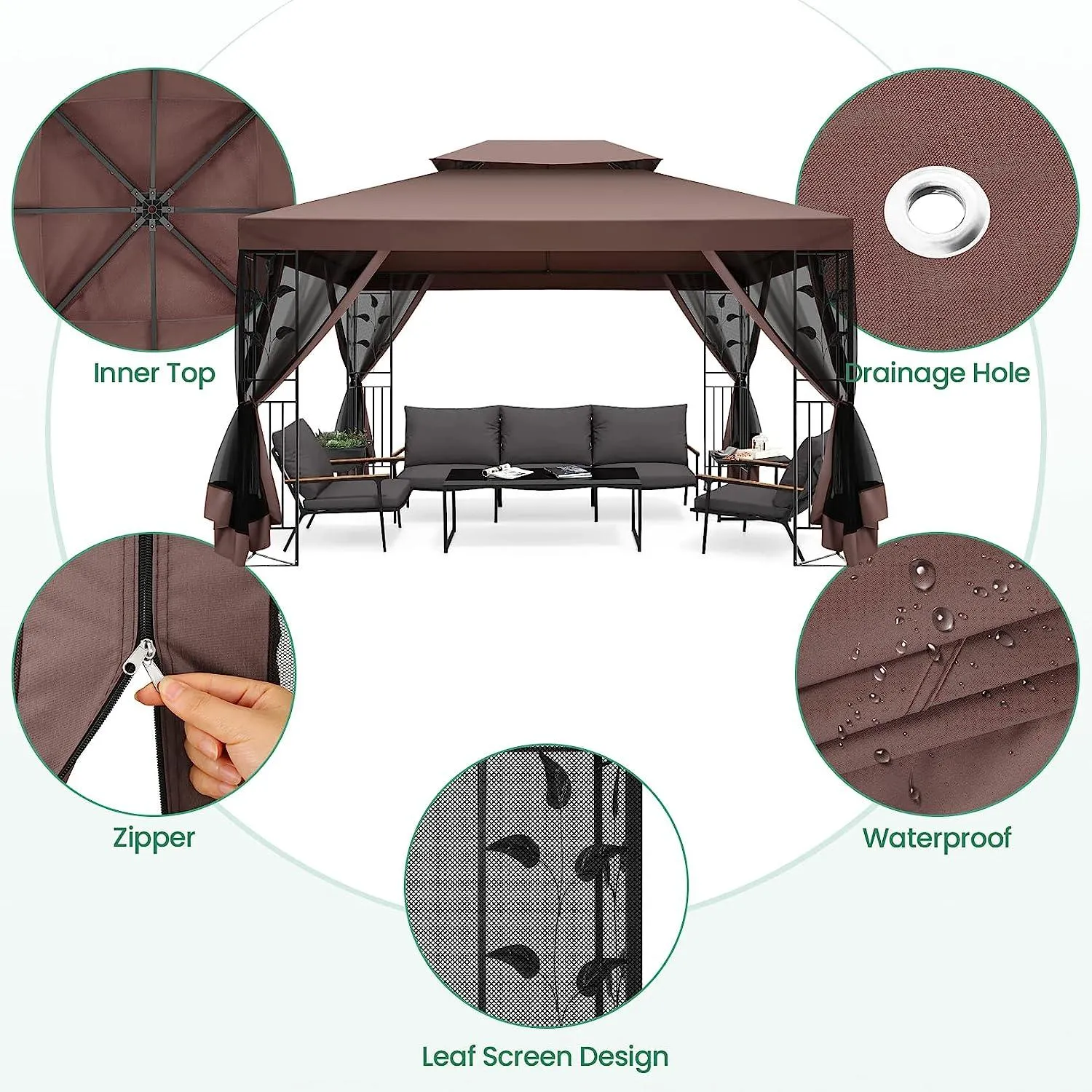 COBIZI 10x13 Outdoor Gazebo with Leaf Screen Steel Frame and Mosquito Netting