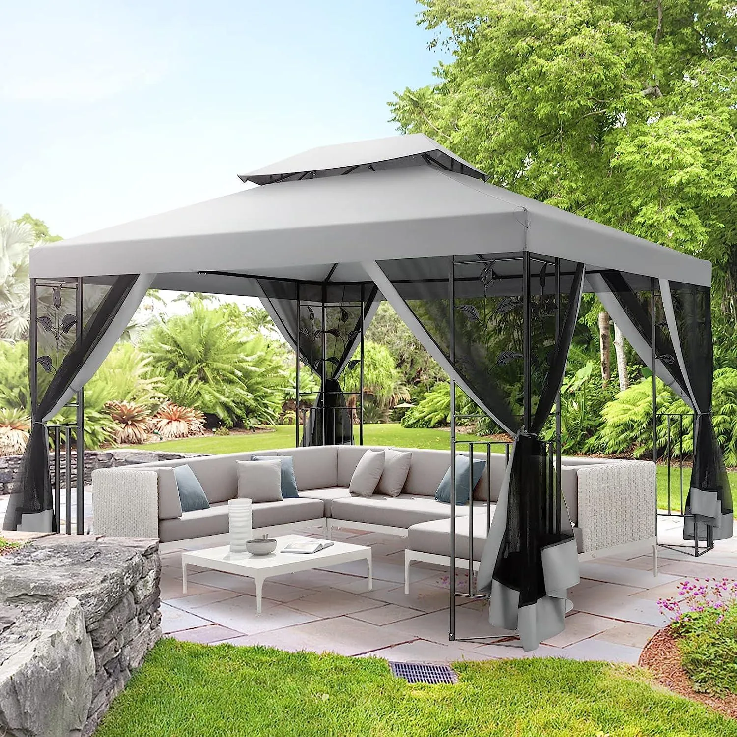 COBIZI 10x13 Outdoor Gazebo with Leaf Screen Steel Frame and Mosquito Netting