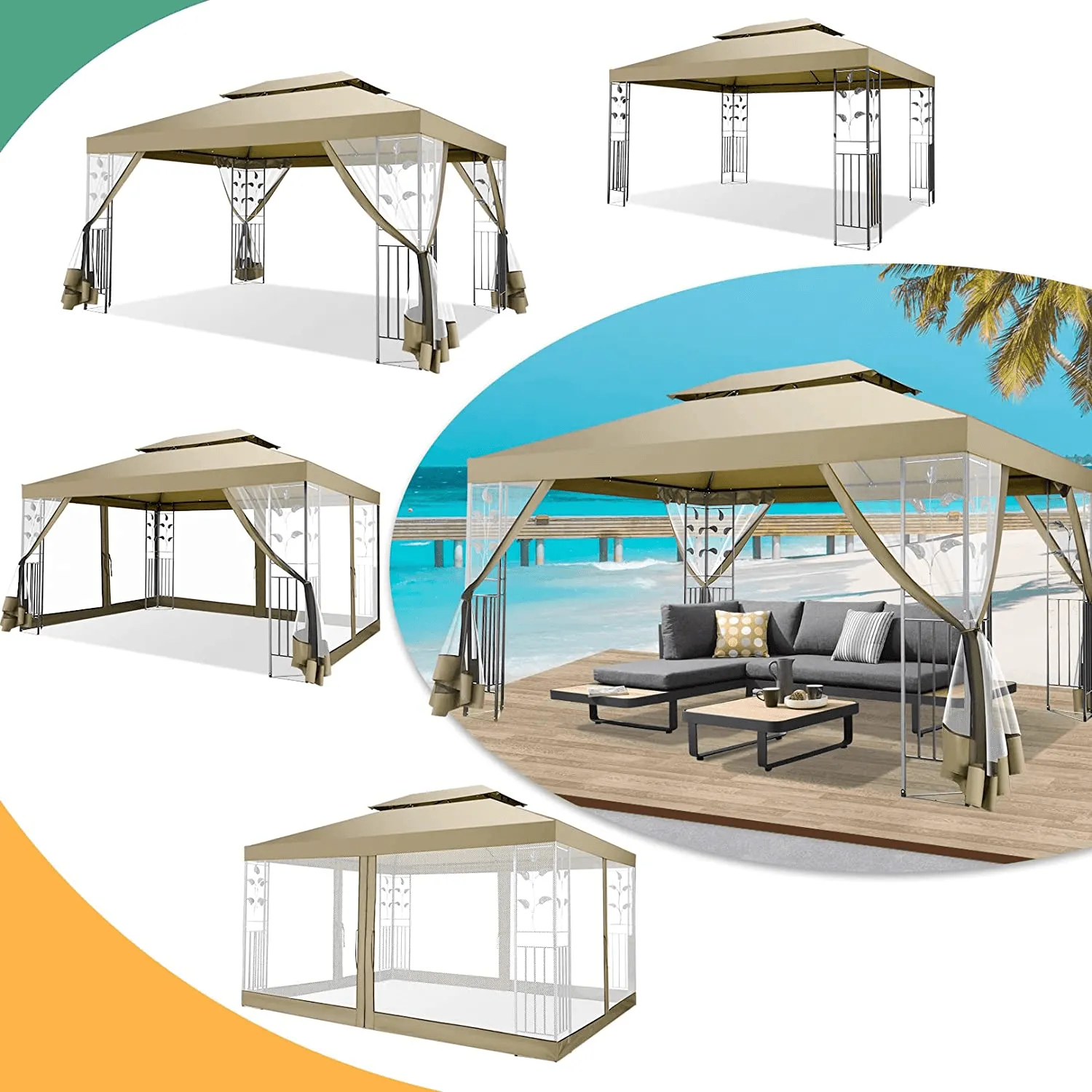 COBIZI 10x13 Outdoor Gazebo with Leaf Screen Steel Frame and Mosquito Netting