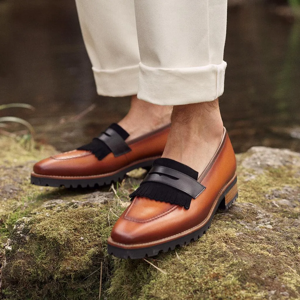 Cognac Calf & Suede Black Fringe Penny Loafer