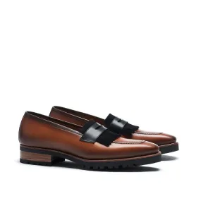 Cognac Calf & Suede Black Fringe Penny Loafer