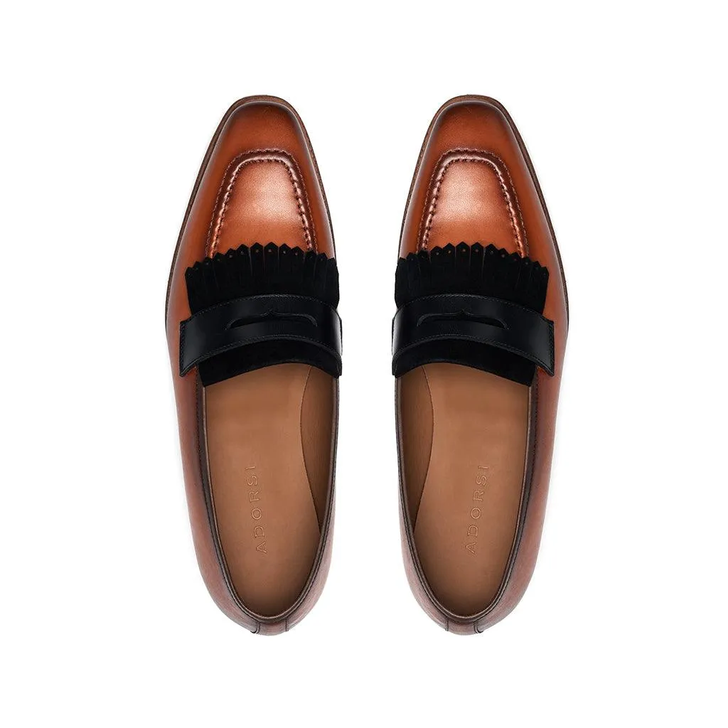 Cognac Calf & Suede Black Fringe Penny Loafer