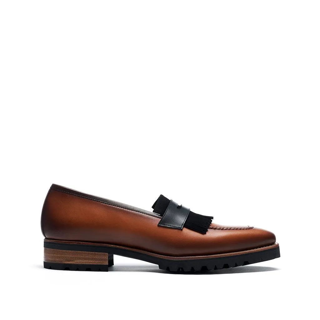 Cognac Calf & Suede Black Fringe Penny Loafer