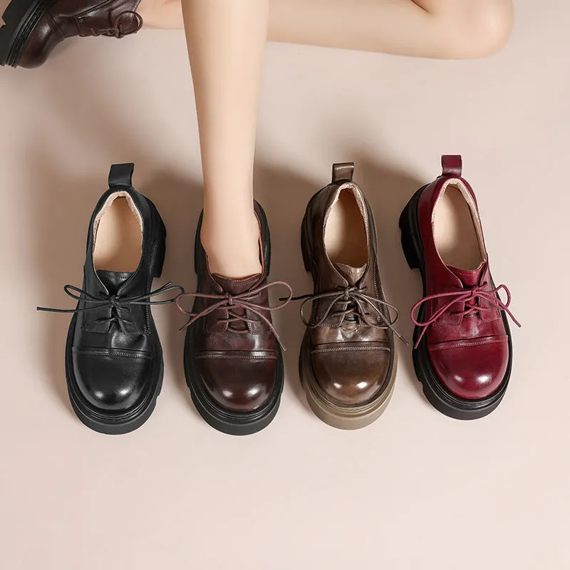 Handmade Genuine Leather Platform Oxford Shoes Round Toe in Black/Burgundy/Dark Brown/Khaki