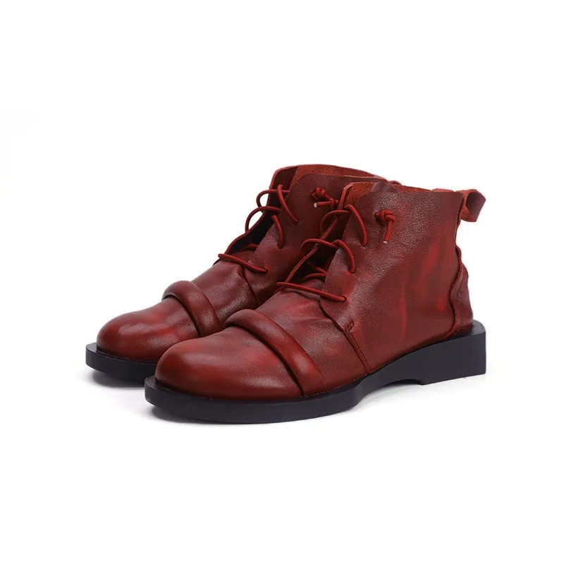 Handmade Soft Leather Barefoot Ankle Boots Lace-Up in Red/Black/Coffee