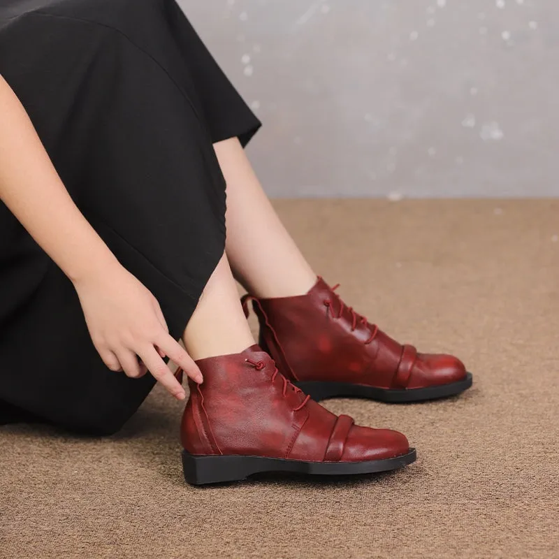 Handmade Soft Leather Barefoot Ankle Boots Lace-Up in Red/Black/Coffee