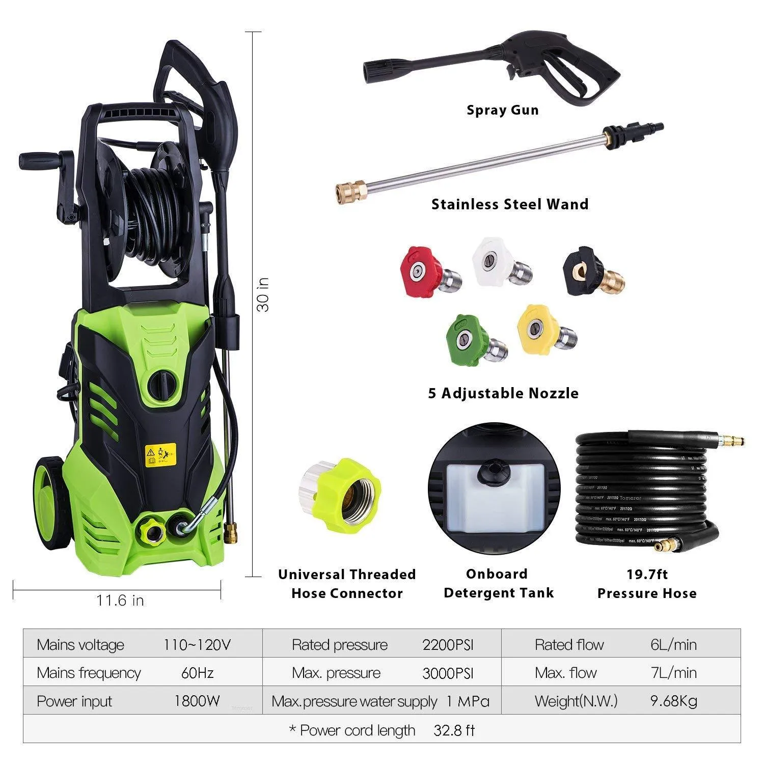 Homdox 3000PSI Electric Pressure Washer, Max Pressure 1.8GPM High Power Washer Reel Style Cleaner Machine with 1800W Rolling Wheels & 5 Interchangeable Nozzles-Green