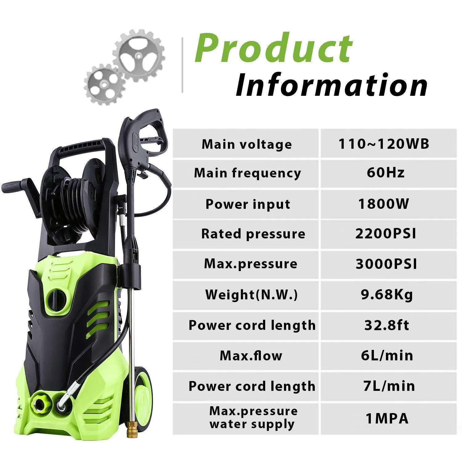 Homdox 3000PSI Electric Pressure Washer, Max Pressure 1.8GPM High Power Washer Reel Style Cleaner Machine with 1800W Rolling Wheels & 5 Interchangeable Nozzles-Green