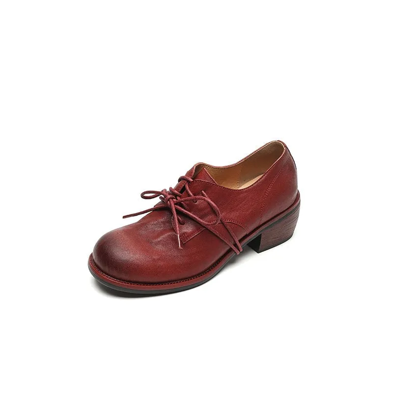 Horse Leather Classic Round Toe Oxfords & Tie Shoes For Women Derby Shoes in Red/Black/Brown