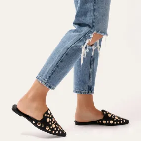 Josephine Rose Gold Stud Backless Loafers in Black