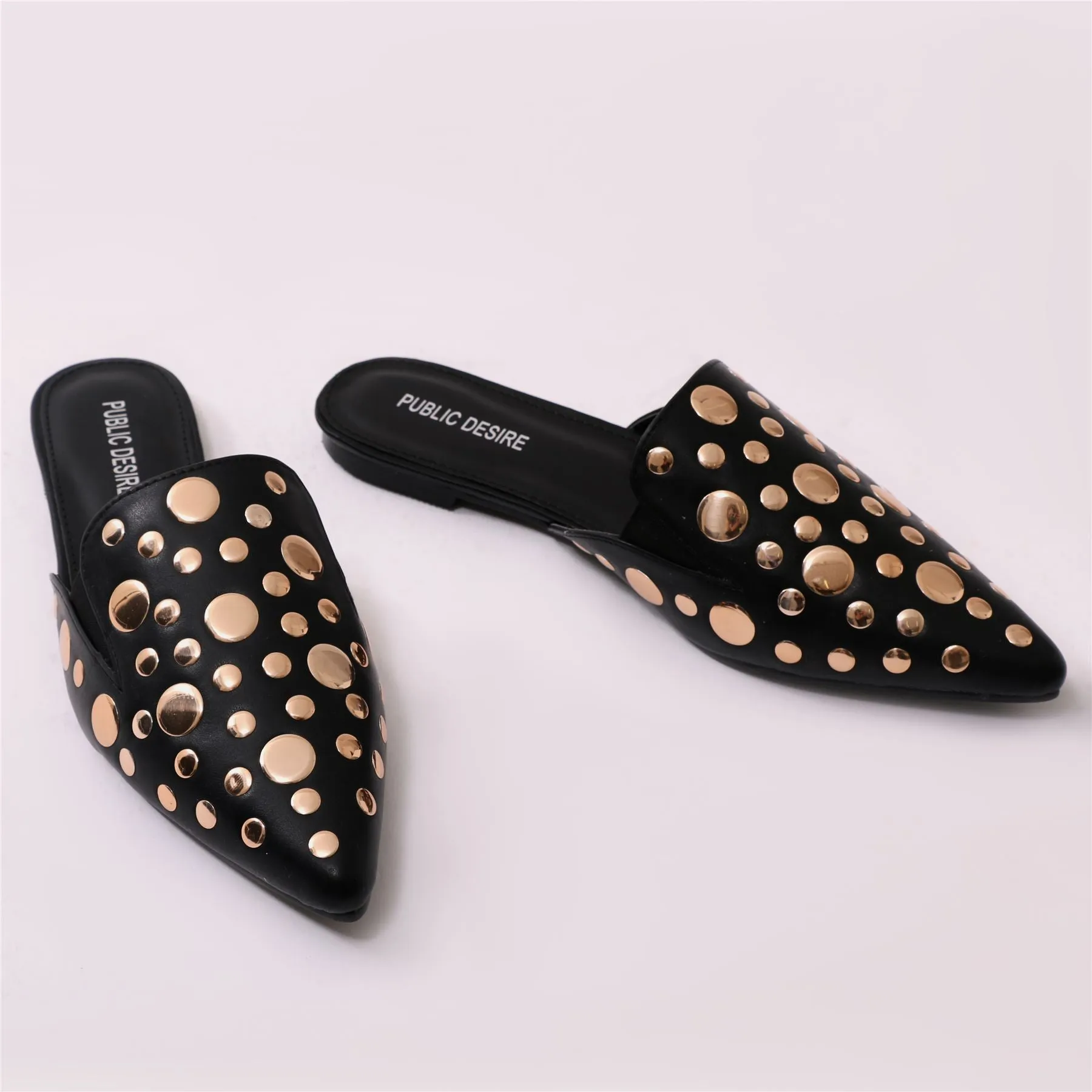 Josephine Rose Gold Stud Backless Loafers in Black