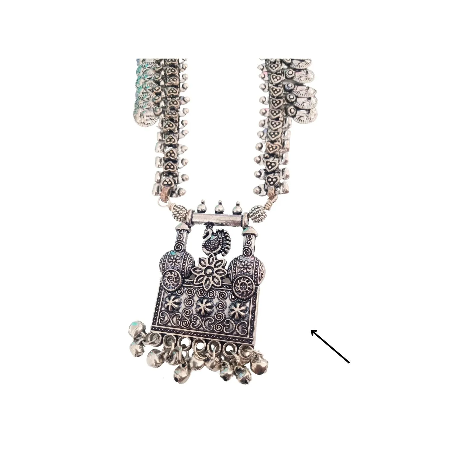 Kaveesha Silver Oxidized Peacock Necklace Set- Scratch and Dent