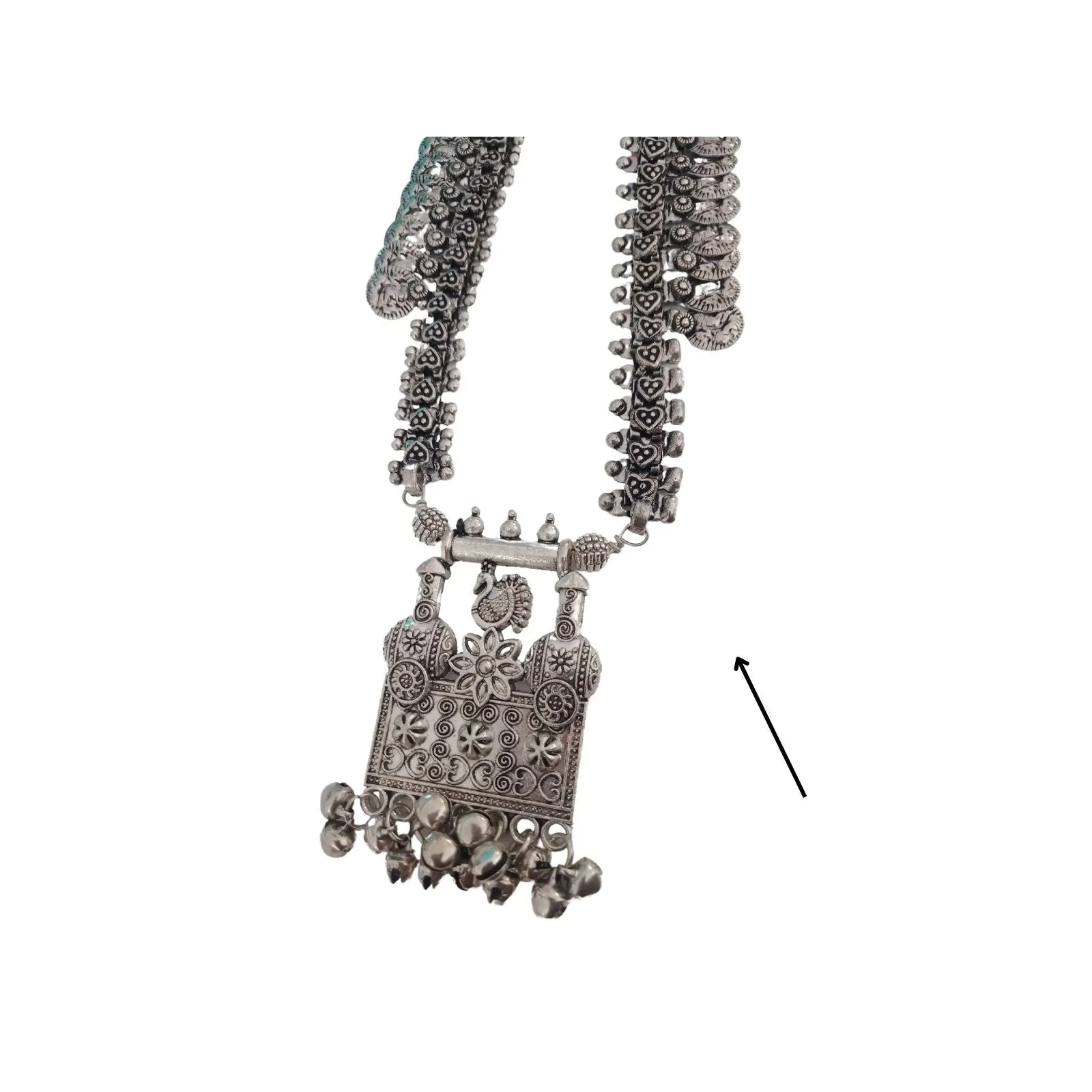 Kaveesha Silver Oxidized Peacock Necklace Set- Scratch and Dent