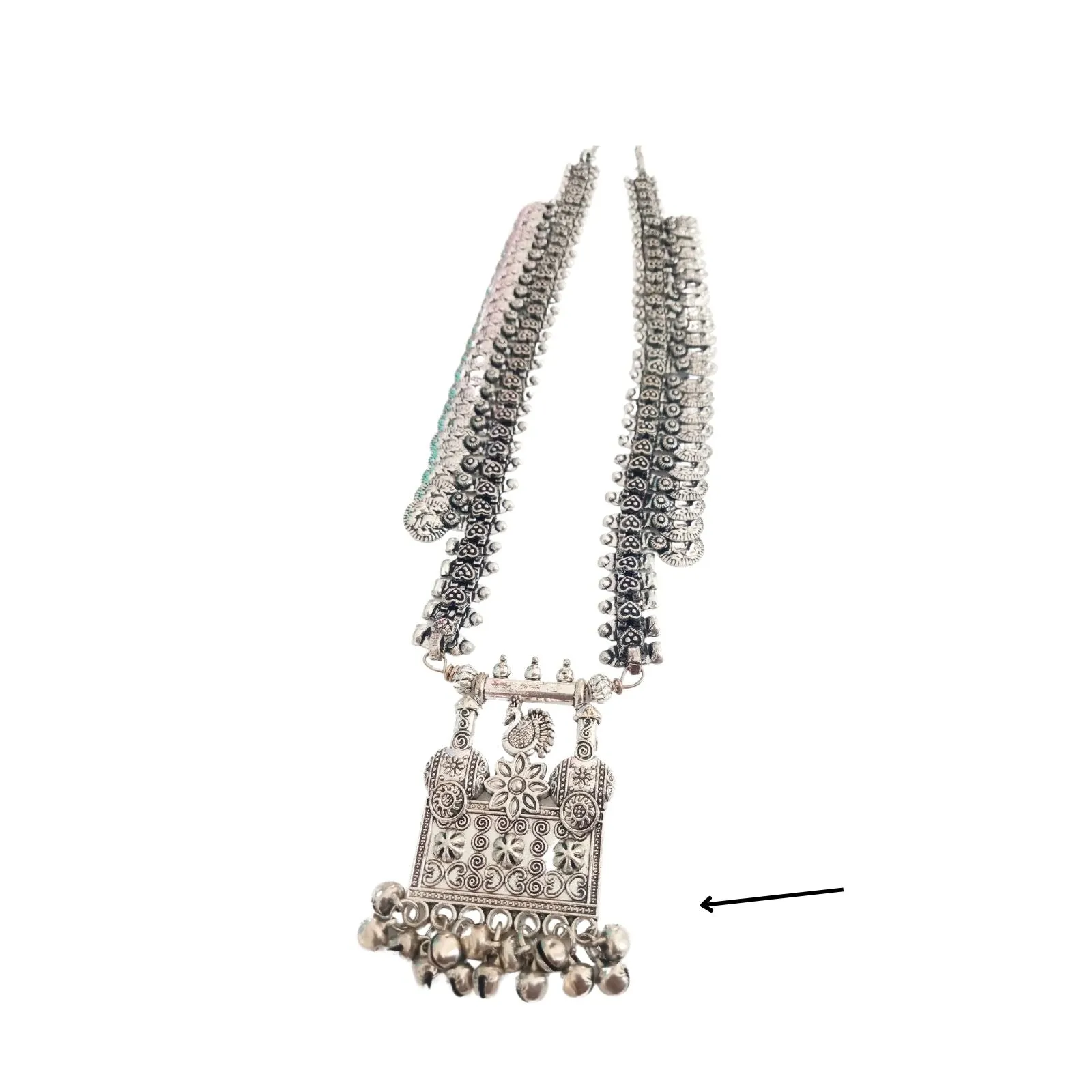 Kaveesha Silver Oxidized Peacock Necklace Set- Scratch and Dent