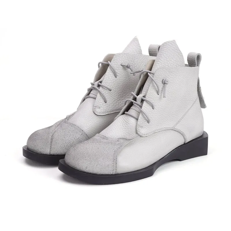 Lace-Up Barefoot Boots Handmade Soft Leather Retro Ankle Boots in Coffee/Light grey