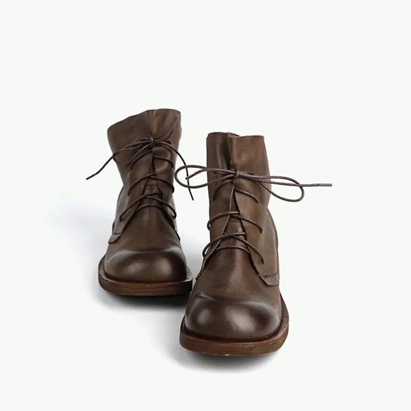 Lace Up Short Boots for Women Handmade Leather Combat Boots in Coffee/Brown