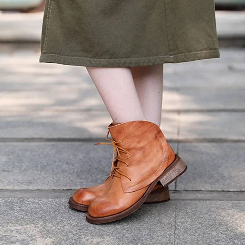 Lace Up Short Boots for Women Handmade Leather Combat Boots in Coffee/Brown