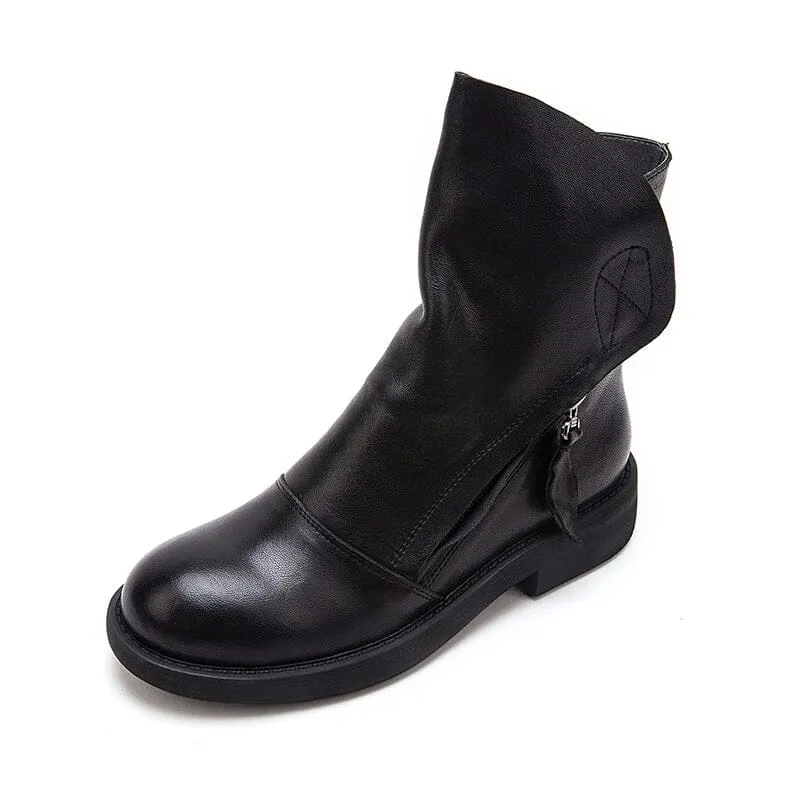 Leather Zip Boots Retro Riding Boots Women Chunky Wrinkled Ankle Boots Black/Coffee