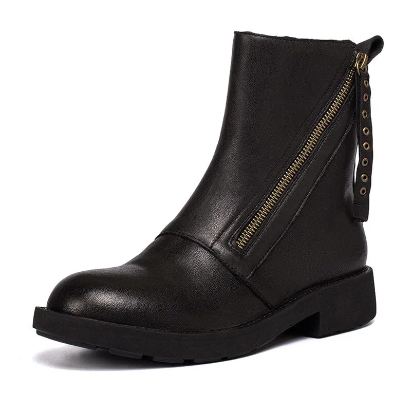 Leather Zip Boots Retro Women Chunky Ankle Boots Black/Coffee