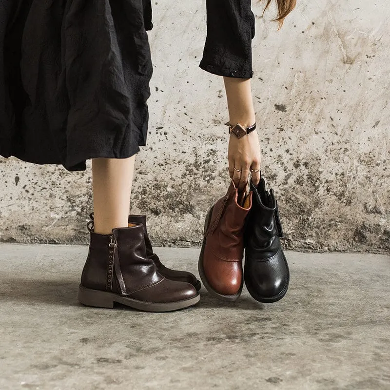 Leather Zip Boots Retro Women Chunky Wrinkled Ankle Boots Black/Coffee/Brown