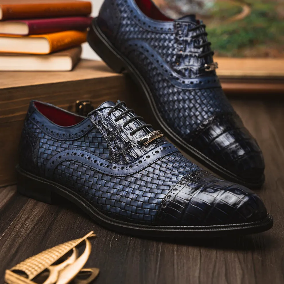 Marco Di Milano John Men's Shoes Exotic Caiman Crocodile / Woven Leather Dress Oxfords (MDM1178)