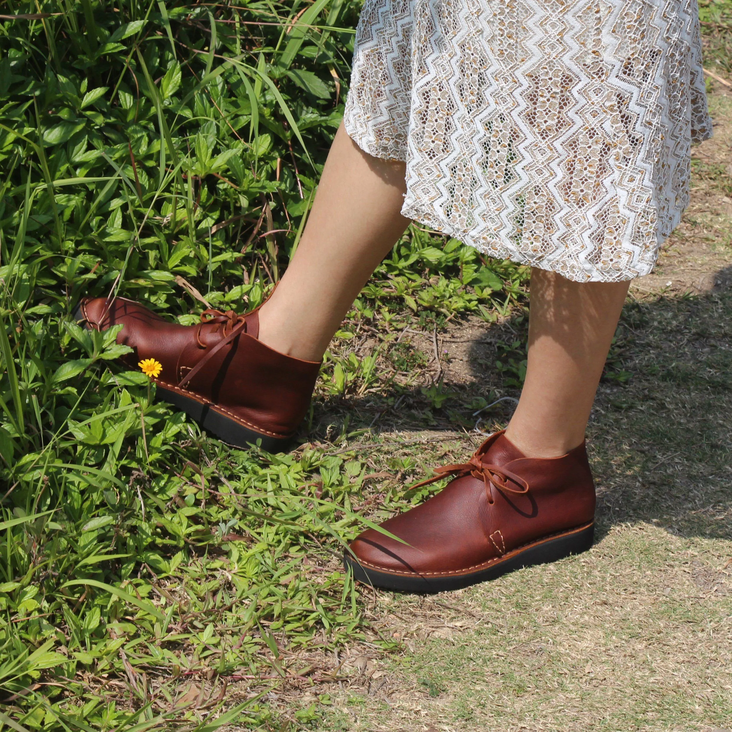 Middle English-Womens Handmade Full Grain Leather  Flats Ankle Boots- Black/Brown