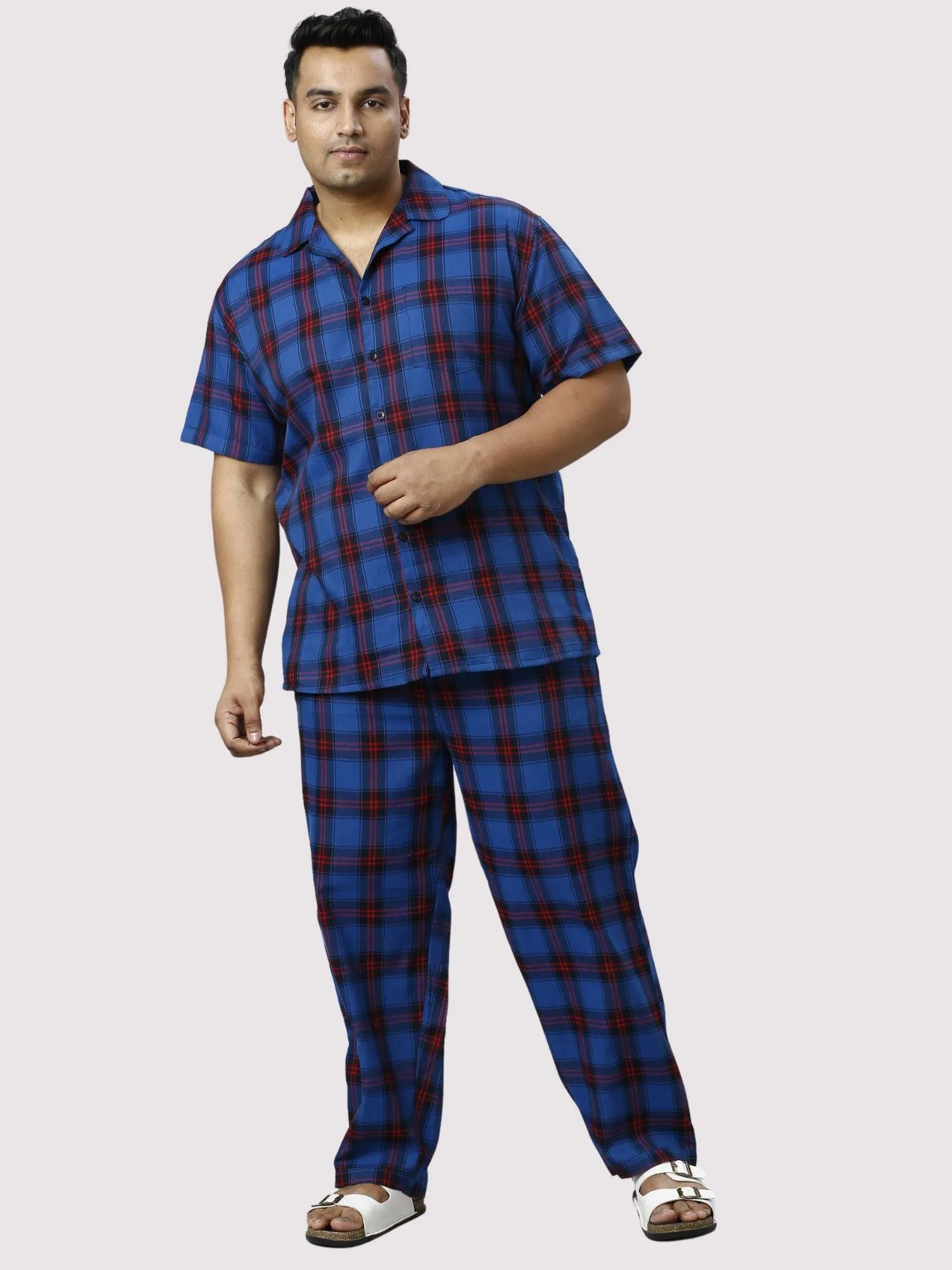 Midnight Blue Checks Printed Full Co-ords Set Men's Plus Size