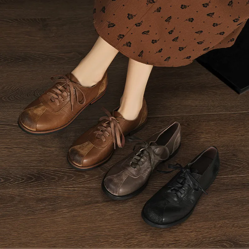 Natural Leather Derby Shoes For Women Low Block Heel Normal Fit in Brown/Black/Grey