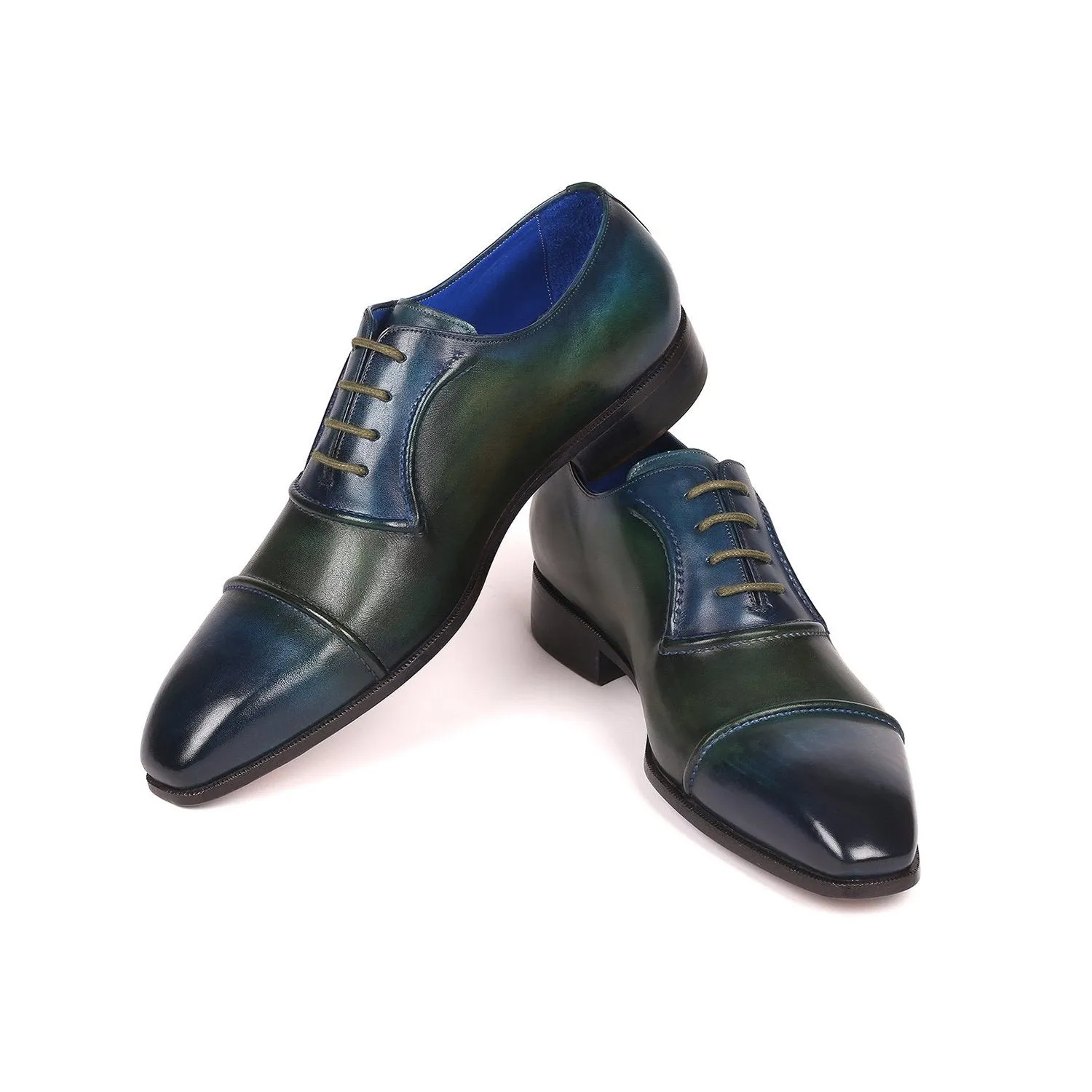 Paul Parkman 078-BLU-GRN Men's Shoes Blue & Green Calf-Skin Leather Cap-Toe Oxfords (PM6316)