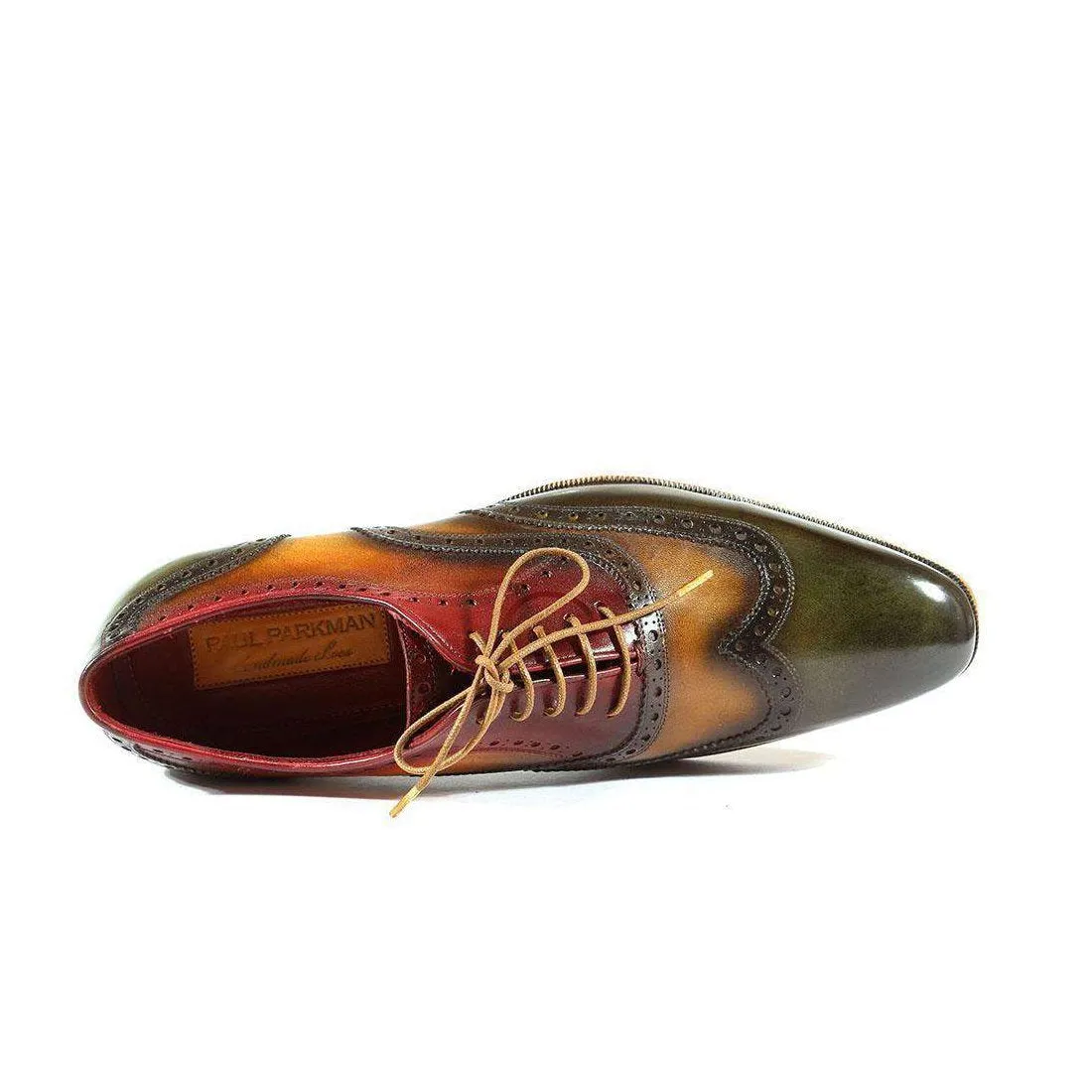 Paul Parkman Handmade Designer Shoes Handmade Men's Designer Shoes Three-Tone Wingtip Hand-Painted Green / Camel / Bordeaux Oxfords (PM1007)