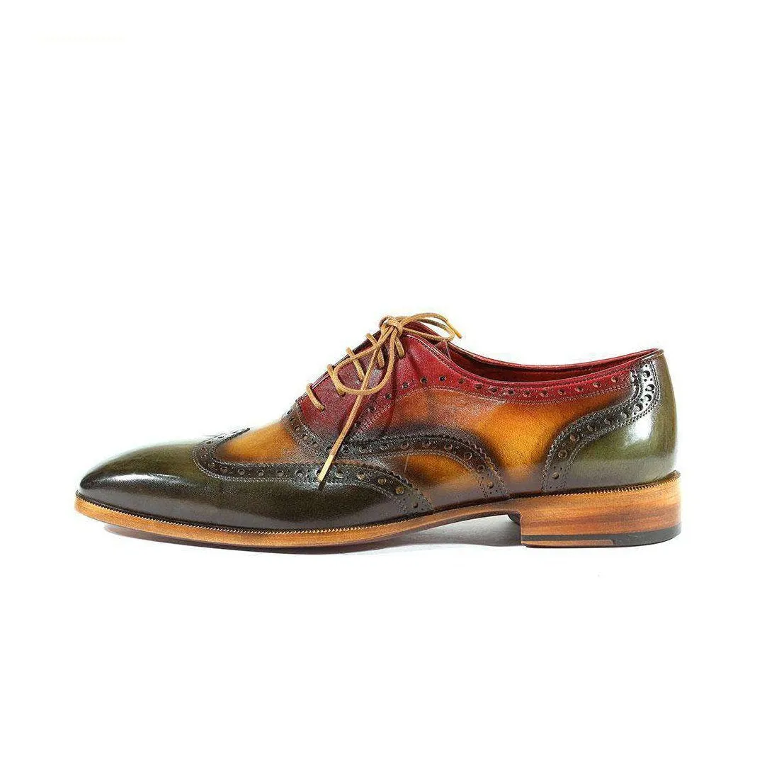 Paul Parkman Handmade Designer Shoes Handmade Men's Designer Shoes Three-Tone Wingtip Hand-Painted Green / Camel / Bordeaux Oxfords (PM1007)