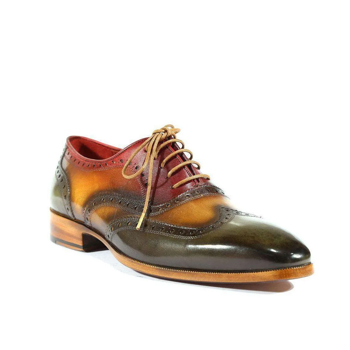 Paul Parkman Handmade Designer Shoes Handmade Men's Designer Shoes Three-Tone Wingtip Hand-Painted Green / Camel / Bordeaux Oxfords (PM1007)