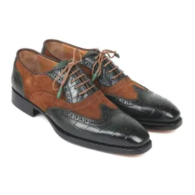 Paul Parkman Men's Brown and Green Pattern Print / Calf-Skin and Suede Leather Good Year Wing Tips Oxfords 9941-BWG (PM6125)