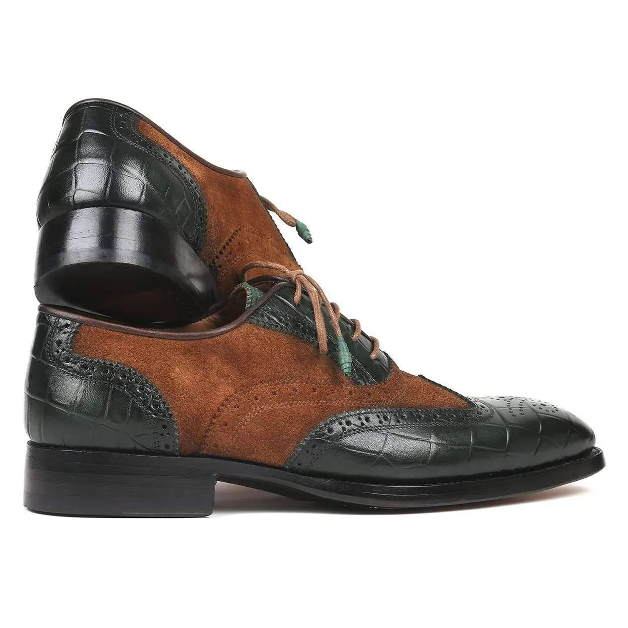 Paul Parkman Men's Brown and Green Pattern Print / Calf-Skin and Suede Leather Good Year Wing Tips Oxfords 9941-BWG (PM6125)