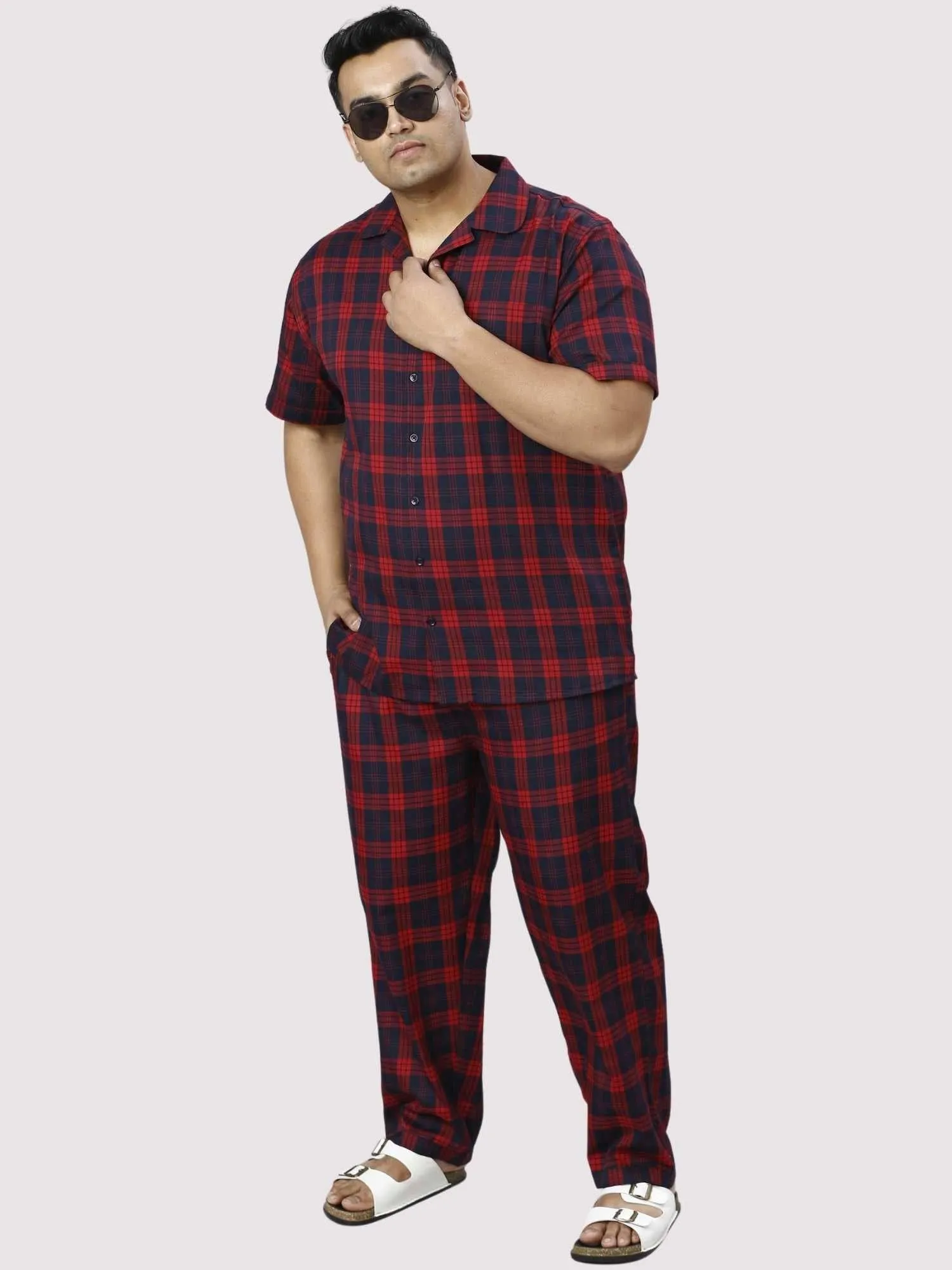 Red and Black Checks Printed Full Co-ords Set Men's Plus Size